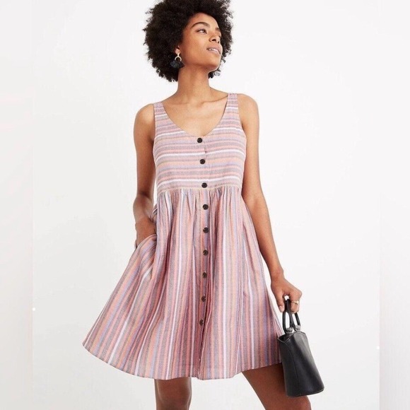 Madewell Dresses & Skirts - Madewell XXL Scoopneck Tank Dress in Rainbow Stripe Button-Front Babydoll Cotton